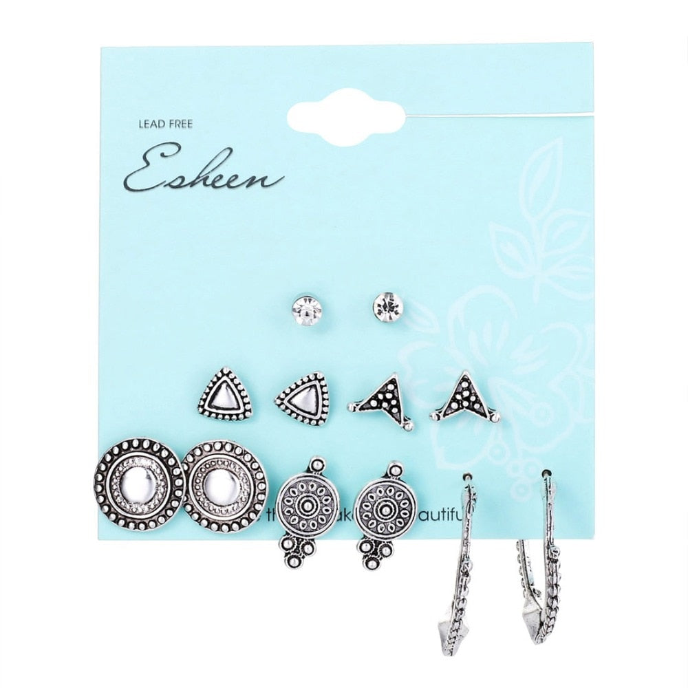 Antique Silver Crystal Stone Stud Earrings Sets Vintage Geometric Pattern Boucle d'oreille Femme Women Earrings Wholesale