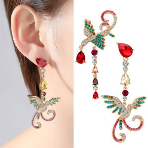 Delicati orecchini pendenti lunghi con motivo Phoenix. Splendidi orecchini di uccelli di lusso. Regali da donna Brincos con strass rossi multicolori 