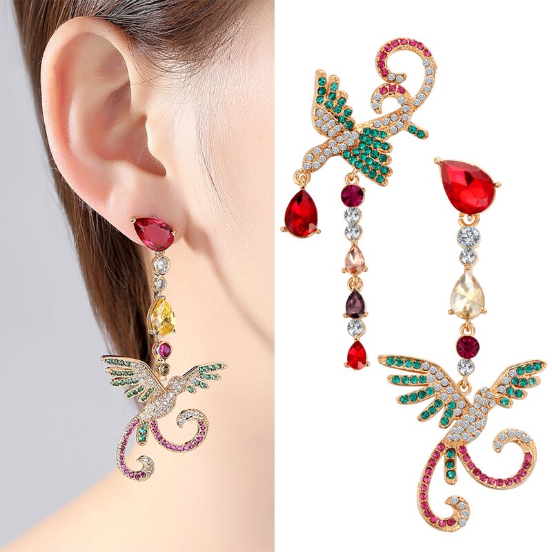 Delicate Phoenix Pattern Long Drop Earrings Gorgeous Luxury Birds Earrings Multicolor Red Rhinestoe Brincos Women Gifts
