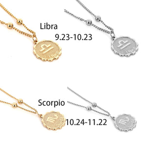 Constellation Carve Coin Pendant Necklace Simple Copper Leo Beads Clavicle Chain Necklace Sexy Couple Jewelry