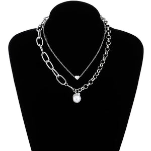 Fashion 2 Layers Pearls Geometric Pendants Necklaces For Women Gold Metal Snake Chain Necklace New Design Jewelry Gift