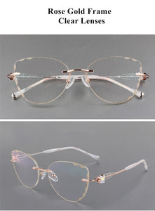 Butterfly Style Transparent Lenses Titanium Female Eyewear Diamond Trimmed Rimless Spectacle Frame Women Sunglasses Tint Lenses