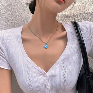 Korean Blue Gradient Butterfly Necklace for Women Girls Silver Color Rainbow Butterflies Pendant Choker Necklaces Jewelry Gift