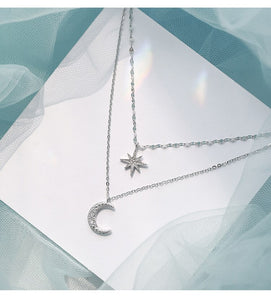 Fashion Silver Plated  Moon and Star Double Layer Chain Link Pendant Necklaces for Women Fine Jewelry