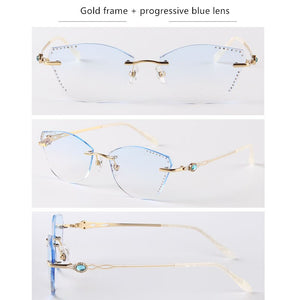 β Titanium Myopia Sunglasses Ladies Rimless Diamond Butterfly Frame Flat Lens Progressive With Prescription Diopter Astigmatism