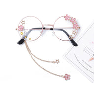 Load image into Gallery viewer, Classic Cosplay Glasses Frame Round Lens Flat Optical Mirror Simple Metal Glasses Frame with Pendant Rhinestone Decor