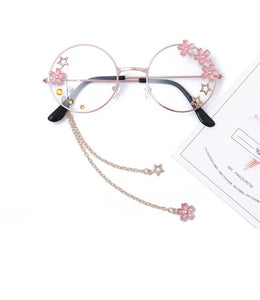 Classic Cosplay Glasses Frame Round Lens Flat Optical Mirror Simple Metal Glasses Frame with Pendant Rhinestone Decor
