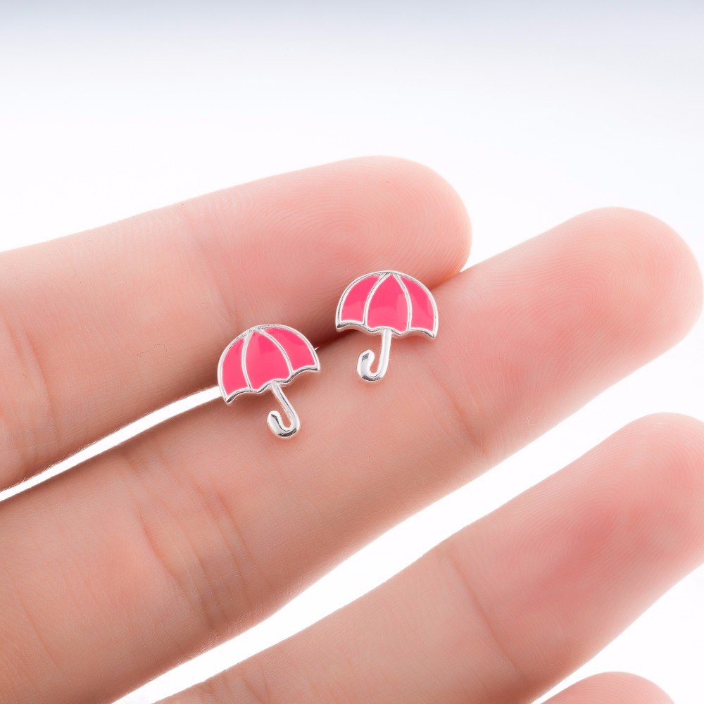 925 Sterling Silver Korean Earrings Cute Umbrella Stud Earrings for Women Girls Red Color Jewely Gift for Kids Birthday