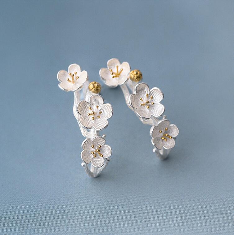 New Silver Color Female Cherry Blossom stud earrings for women Lovely Flower earrings female birthd gifts SYED120