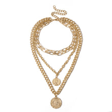 Carica l'immagine nel visualizzatore di Gallery, Punk Multi Layer Curb Cuban Chunky Thick Portrait Choker Necklace Women Vintage Carved Coin Pendant Necklace Jewelry