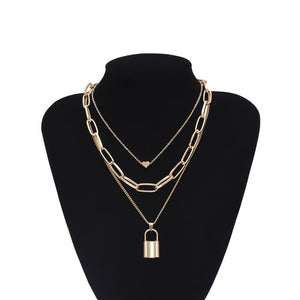 Multi Layer Lover Lock Pendant Choker Necklace Steampunk Padlock Heart Chain Necklace Collier Best Couple Jewelry Gift