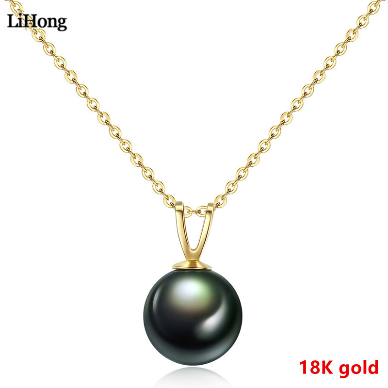 High Jewelry Solid 18K Real Gold Pearl Necklace 8-9mm Natural Tahitian Black Pearl Pendant Necklace for Women's Fine Jewelry