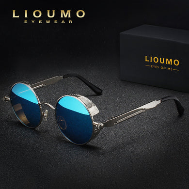 Classic Gothic Steampunk Sunglasses Polarized Men Women Vintage Round Glasses Metal Frame Blue UV400 lentes de sol