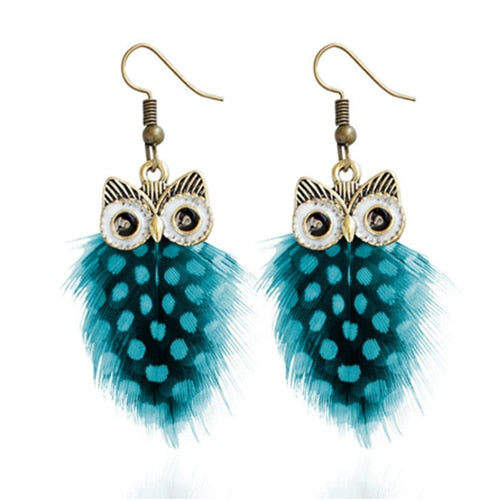 High Quality Women Owl Hook Spot Feather Animal Dangle Gift Jewelry Earrings Drop Earrings Blue