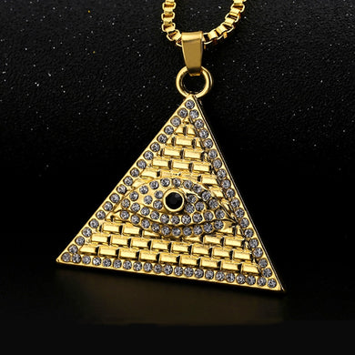 Hop Bling Ied Out Gold Color Triangle Egypt Pyramid Pendants Necklaces Illuminati Eye Men Rock Jewelry with 60cm Box Chain