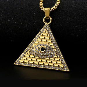 Hop Bling Ied Out Gold Color Triangle Egypt Pyramid Pendants Necklaces Illuminati Eye Men Rock Jewelry with 60cm Box Chain