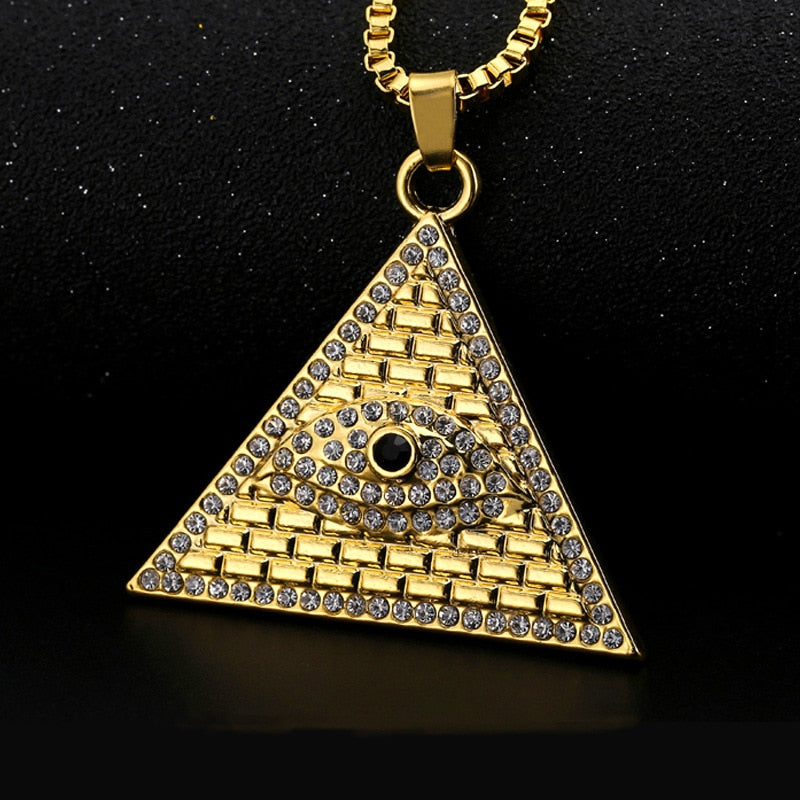 Hop Bling Ied Out Gold Color Triangle Egypt Pyramid Pendants Necklaces Illuminati Eye Men Rock Jewelry with 60cm Box Chain