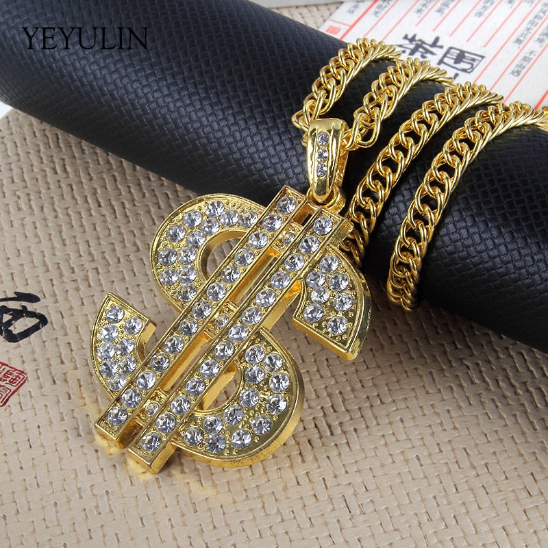 Hop Gold Color Dollar Sign $ Pendants & Necklaces With Long Twist Chain Statement Necklace For Woman Men