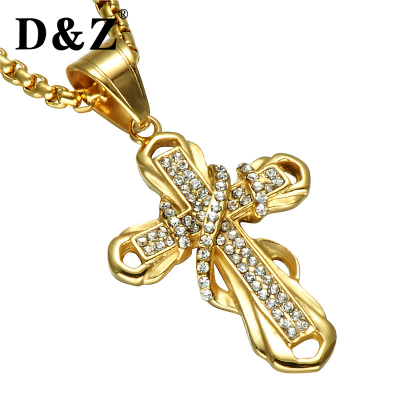 Hop Rhinestone Crystal Cross Pendant Men Gold Color Stainless Steel Religious Cross Necklace & Pendant for Christian Jewelry