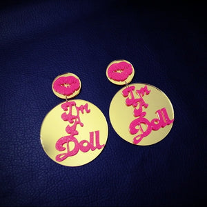 Hiphop style I AM A DOLL Circle Gold Round MIrror with Sexy Lips Dangle Earrings
