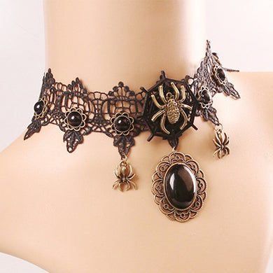 Hollow Black Lace Charm Necklace Women Retro Halloween Jewelry Spider Web Cubic Zirconia Statement Chokers Ladies Accessories