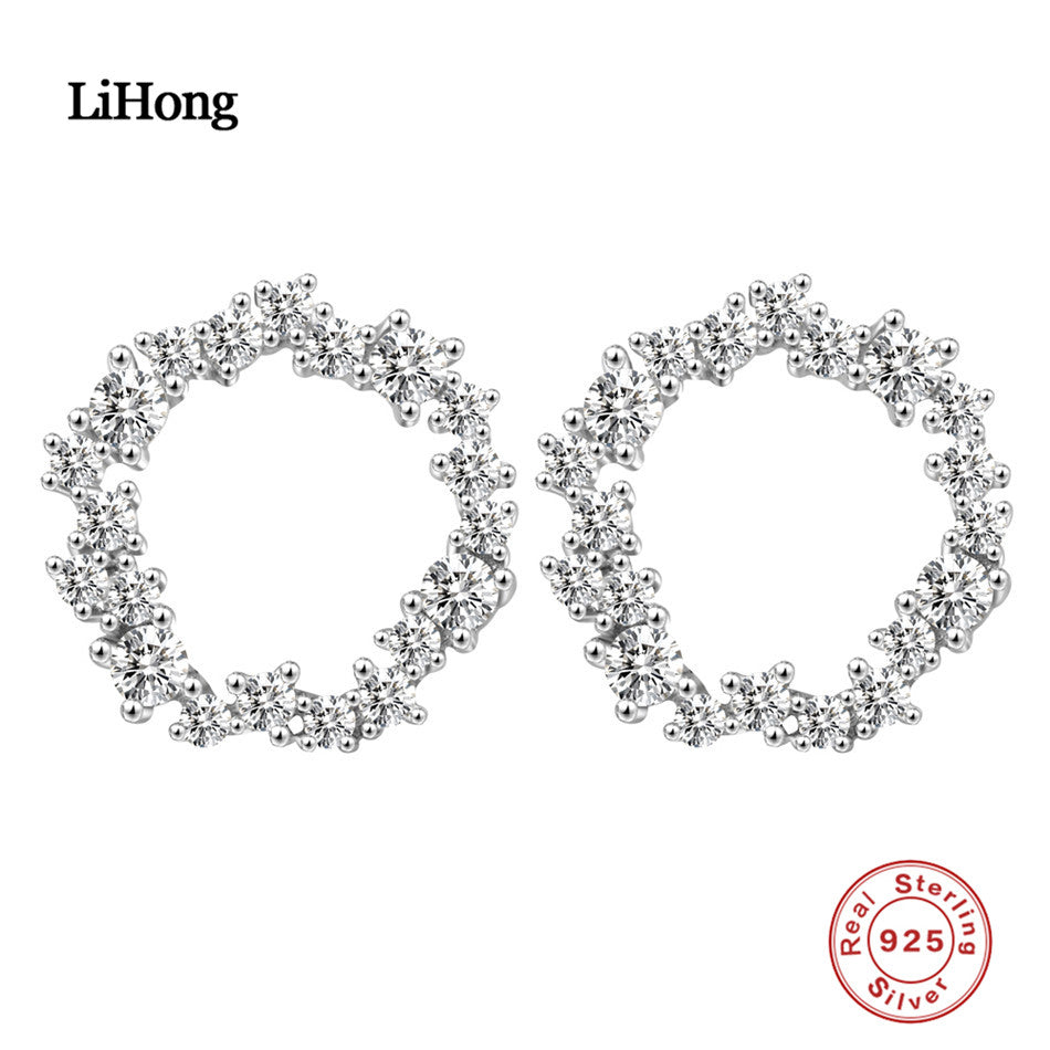 Hot 100%925 Sterling Silver Round Zircon Stud Earrings For Women Trendy Jewelry Gift
