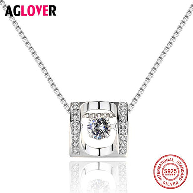 Hot 925 Sterling Silver Necklace Pendants Jewelry For Women With Box Chain Luxurious Big Rotating CZ Crystal Stone Accessories