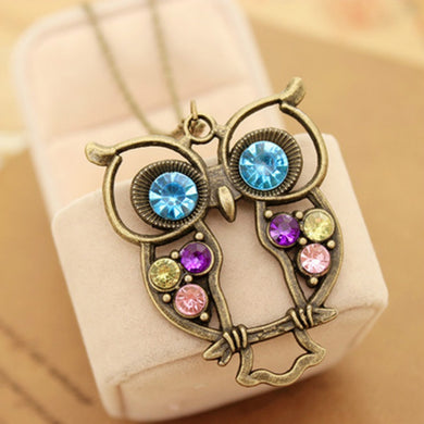 Hot Fashion Jewelry Vintage Colors Hollow Cute Owl Necklace Retro Hollow Carved Sweater Chain For Women Long Necklace