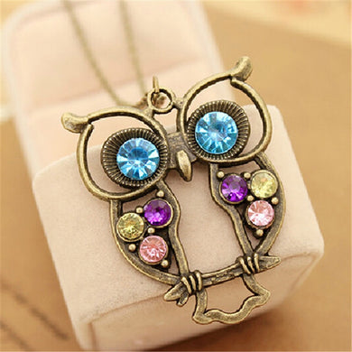 Hot Fashion Jewelry Vintage Colors Hollow Cute Owl Pendant Necklace Retro Hollow Carved Sweater Chain For Women Long Necklace