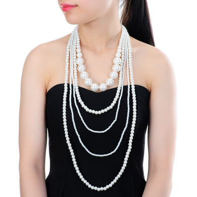 Hot Fashion Valentine's/Wedding/Party Gift Multilayer Strand Chain White Faux Pearl Long Statement Bib Necklace