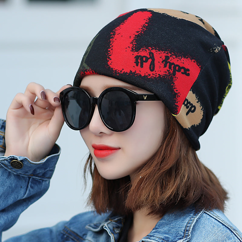 Multifunctional Women's Thin Hat Scarf Graffiti Star Hip Hop Cap Spring Autumn Headwear Scarf Caps Touca