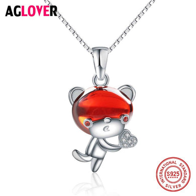 Hot Selling 925 Sterling Silver Cute Animal Bear Cartoon Pendant Necklaces Chain for Women Girl Authentic Fine Jewelry Gift