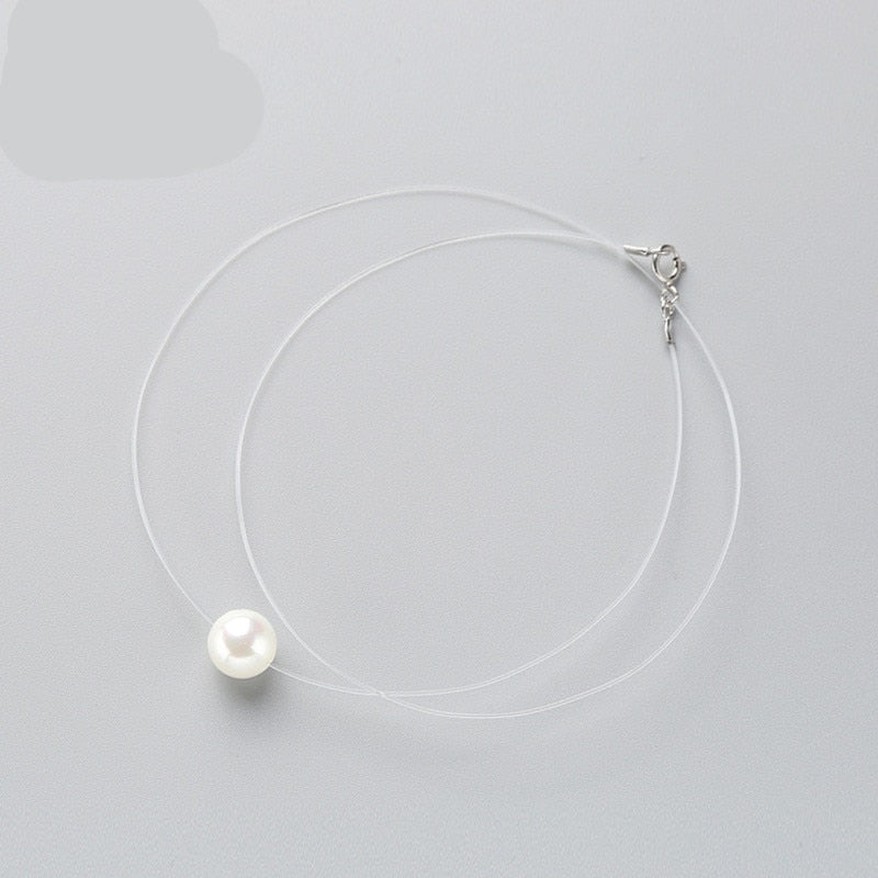 Hot Selling Fashion Invisible Fishing Line Silver Necklace Shiny Zircon Pendant Trendy Pearl Transparent Women Choker Necklace