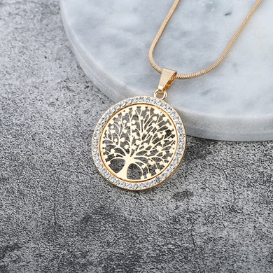 Tree of Life Crystal Round Small Pendant Necklace Gold Silver Color Bijoux Collier Elegant Women Jewelry Gifts