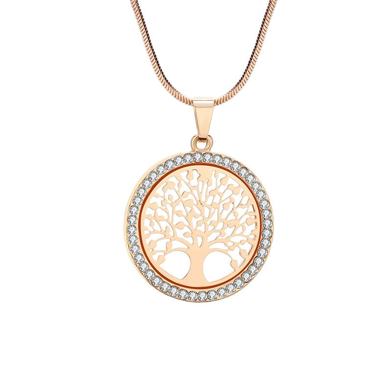 Tree of Life Crystal Round Small Pendant Necklace Gold Silver Color Bijoux Collier Elegant Women Jewelry Gifts