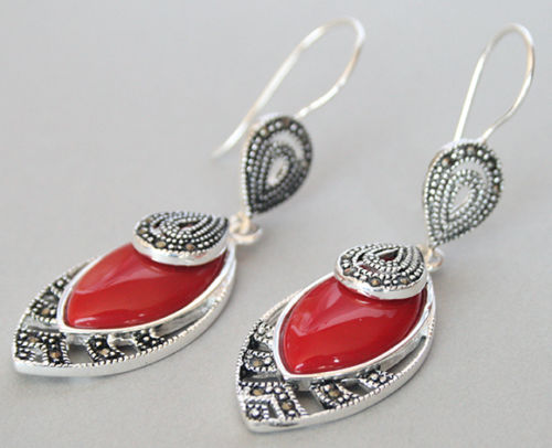 Hot sell Noble- 21/5 Vintage New 925 Silver Red Coral Marcasite Hook Earrings