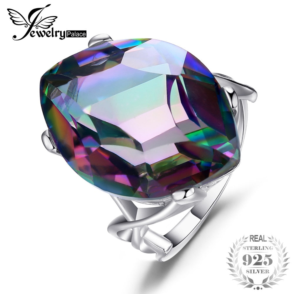 Huge 30ct Natural Rainbow Fire Mystic Topaz Genuine Solid 925 Sterling Silver Ring For Women Fashion Charm Luxury Fine Jewelry