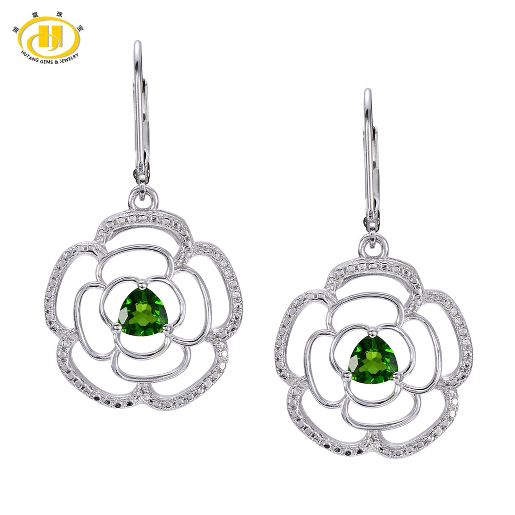 Hutang 1.12ct Natural Chrome Diopside Flower Drop Earrings Real Solid 925 Sterling Silver Gemstone Fine Jewelry Women's gift