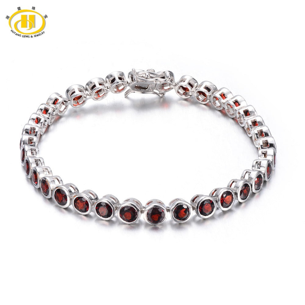 Hutang 11.9Ct Natural Garnet Link Bracelet Solid 925 Sterling Silver women's Round Gemstone Bezel Set Fine Jewelry 7.0