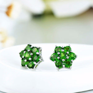 Hutang 2.65 Ct Natural Gemstone Chrome Diopside (Russian) 925 Sterling Silver Floral Stud Earrings for Women Girl Fine Jewelry