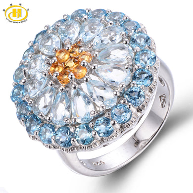 Hutang 5.54ct Genuine Aquamarine & Blue Topaz Solid 925 Sterling Silver Cluster Ring Gemstone Luxury Fine Jewelry Wedding Rings