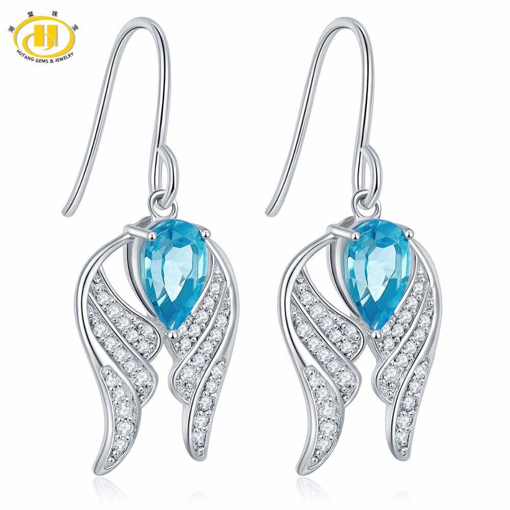 Hutang Beautiful Wing Earrings Natural Blue Topaz Solid 925 Sterling Silver Dangle Earring for Women's Ladies w Gift Box 2017
