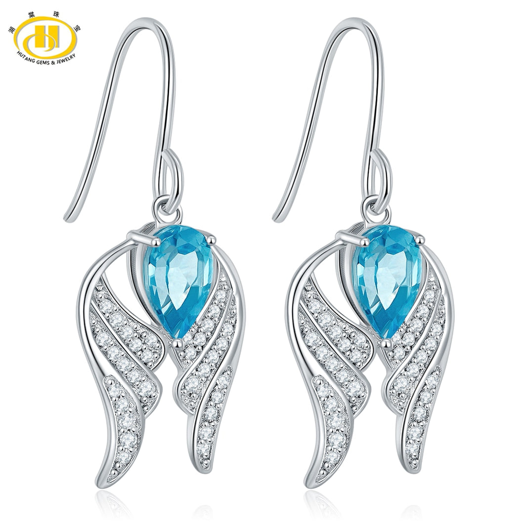 Hutang Beautiful Wing Earrings Natural Blue Topaz Solid 925 Sterling Silver Women's Dangle stone Earring For Ladies w Gift Box