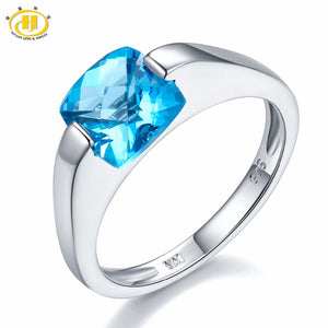 Hutang Engagement Ring Genuine Blue Topaz Solid 925 Sterling Silver Checkboard Cut Gemstone Women's Fine Fashion Stone Jewelry