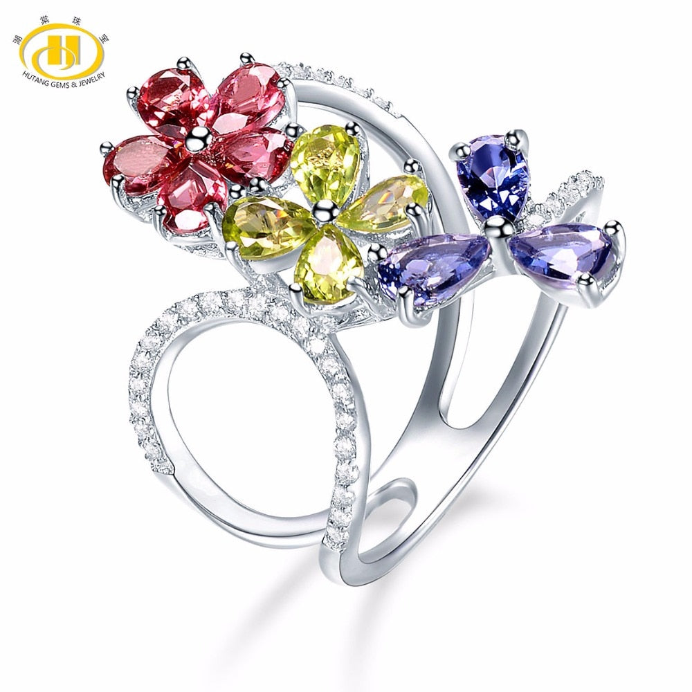 Hutang Engagement Ring Natural Multi Gemstone Garnet Peridot Iolite Solid 925 Sterling Silver Flower Fine Jewelry Presents Gift