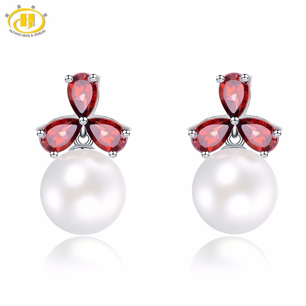 Hutang Natural 7.58mm Fresh Water Pearl Garnet Stud Earrings 925 Sterling Silver Gemstone Earring For Women Fine Jewelry 2018