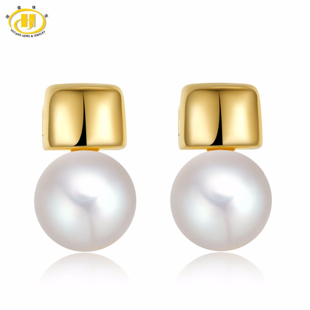 Hutang Natural Pearl Soild 925 Sterling Silver Gold-color Stud Earrings Women's Fine Jewelry Wedding (9-9.5mm) Gift