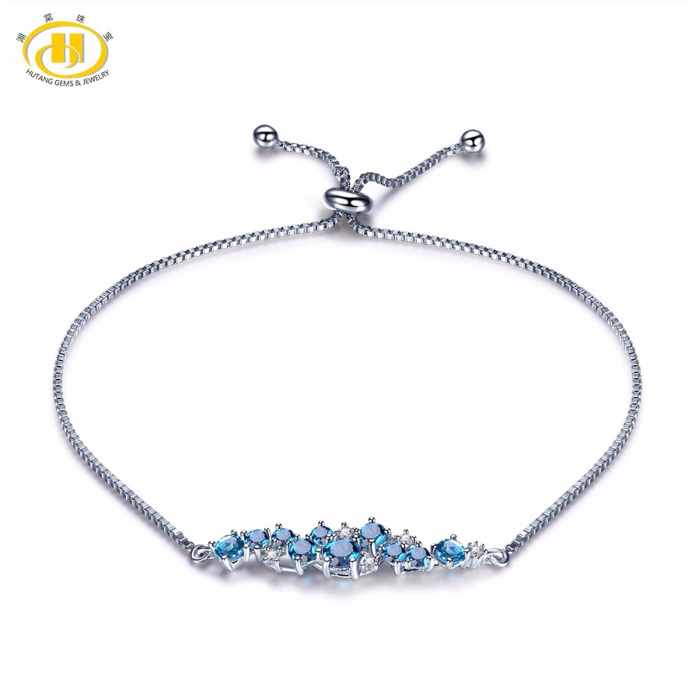 Hutang Natural London Blue Topaz Solid 925 Sterling Silver Adjustable Bracelet For Women's Gemstone Fine Stone Jewelry 8 Inches