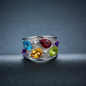 Hutang Natural Multi-color Gemstone Ring Solid 925 Sterling Silver Fine Jewelry Peridot Blue Topaz Citrine Amethyst Garnet Rings