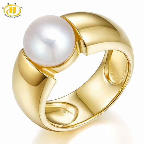 Hutang Natural White Pearl (9-9.5 mm) Solid 925 Sterling Silver Gold-Color Wedding Rings For Women's Fine Jewelry